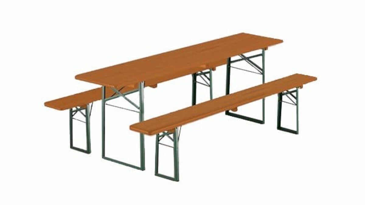An illustrated orange table with two benches, set up on a white surface, ready for both indoor and outdoor use, offered by Hallgruppen.